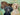 portrait commission of three labrador dogs. Dogs in front of a green and golden abstract background