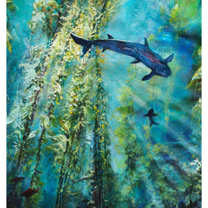 Painting of a shark swimming through giant kelp. Light beams shine through the underwater scene. 