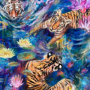 Painting of three tigers lying in water surrounded by abstract water lilies. vibrant oil paint in shades of blue, pink, gold and yellow. 