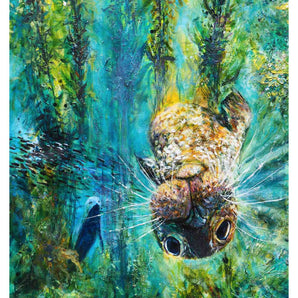 Painting of a seal swimming upside down through giant kelp forest. A second  seal can be seen behind a swarm of fish. 