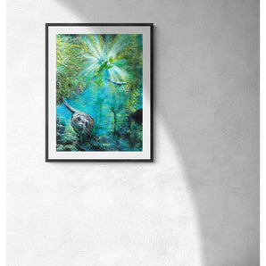 Painting of a seal swimming through kelp forest in the ocean. Framed painting on wall.