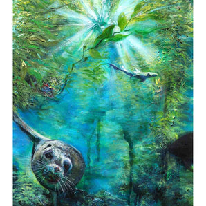 Painting of a seal swimming through giant kelp forest. A shark is swimming in the distance underneath sun rays shining through the kelp.