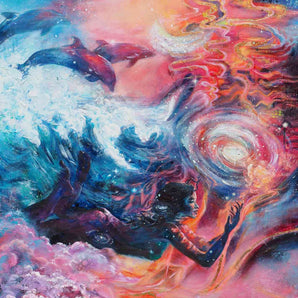 Vibrant oil painting of a woman diving under waves with dolphins. She is immersed in an abstract galaxy. 