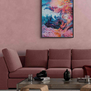 Vibrant oil painting of a woman diving under waves with dolphins. Framed painting on living room wall.