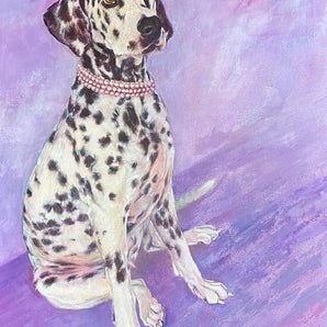 Portrait of a dalmatian dog on a purple abstract background