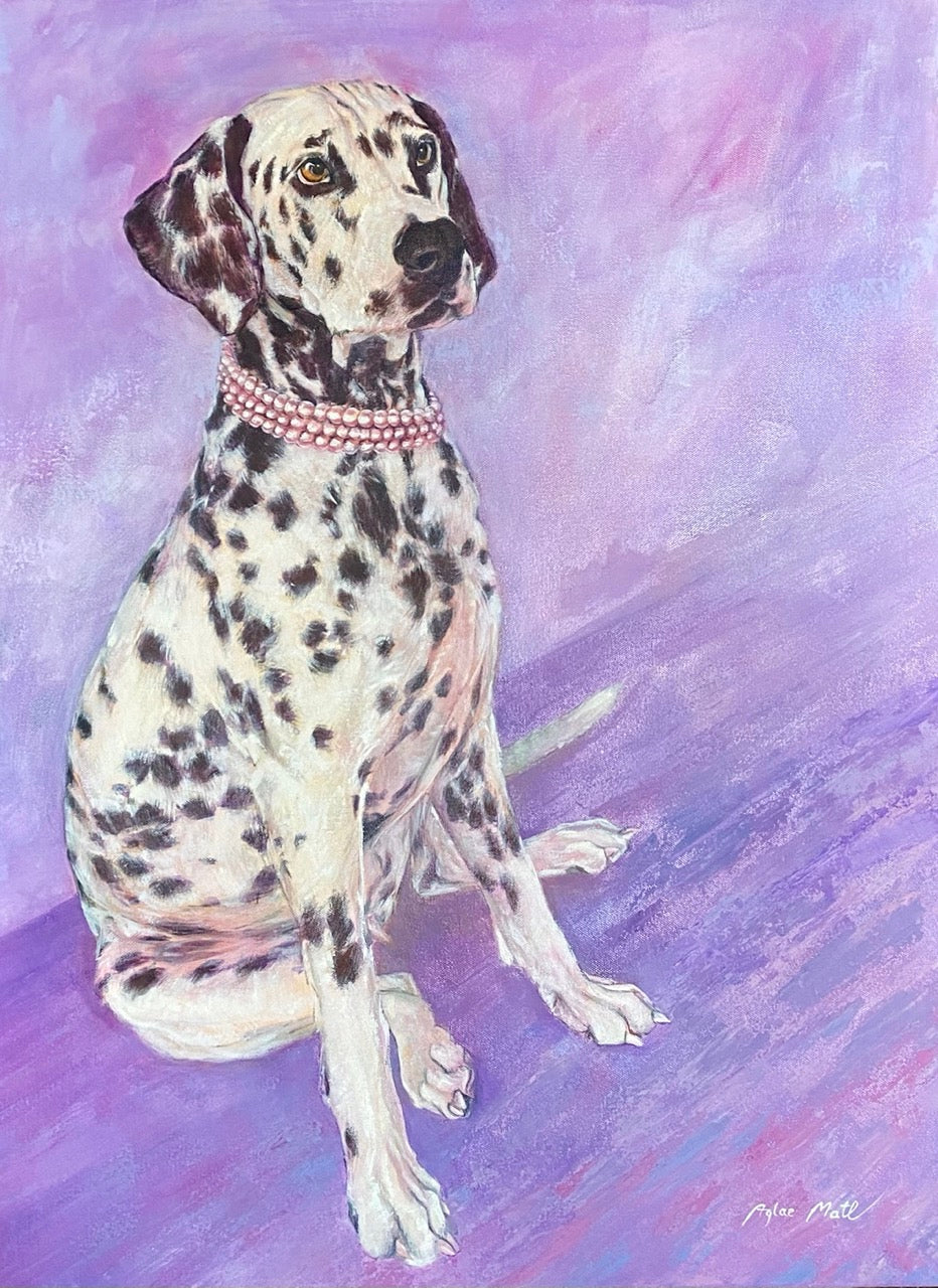 Dog pet portrait oil painting. A dalmatian in front of a abstract background painted with oil paint.