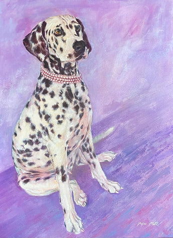 Dog pet portrait oil painting. A dalmatian in front of a abstract background painted with oil paint.