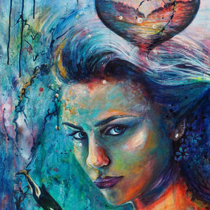 Painting of a woman underwater surrounded by whales. The portrait is painted expressively, incorporating drips, gold leaf, abstract elements and collage.  