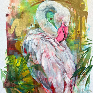 Flamingo painted in loose brushstrokes into a colorful abstract background with golden details.