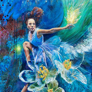 Painting of a woman wearing a flowy dress underwater with a glowing nudibranch and glass flowers. 