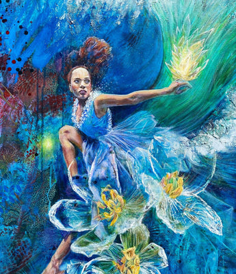 Painting of a woman wearing a flowy dress underwater with a glowing nudibranch and glass flowers. 