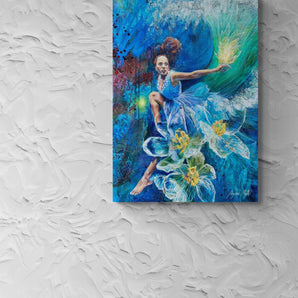 Painting on bedroom wall. The painting shows a woman underwater with flowers and abstract corals in the background.